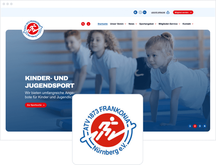 Webseitenansicht mit Kindern beim Sport und dem Logo des ATV 1873 Frankonia Nürnberg e.V. im Vordergrund.
