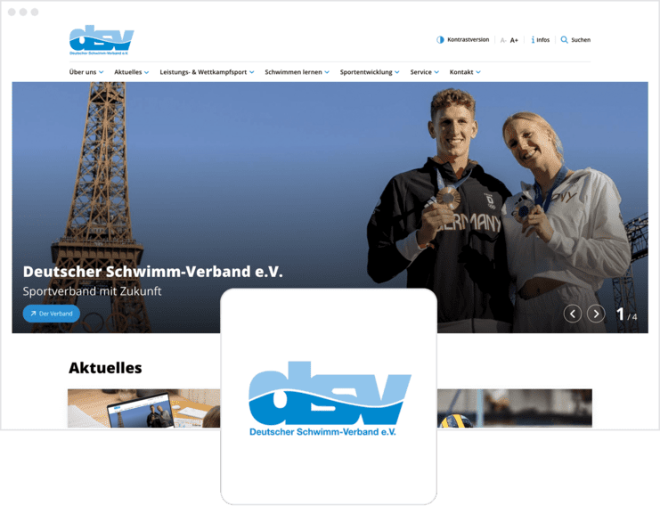 Zwei Sportler halten Medaillen, mit dem Eiffelturm im Hintergrund, auf der Website des Deutschen Schwimm-Verbandes e.V.