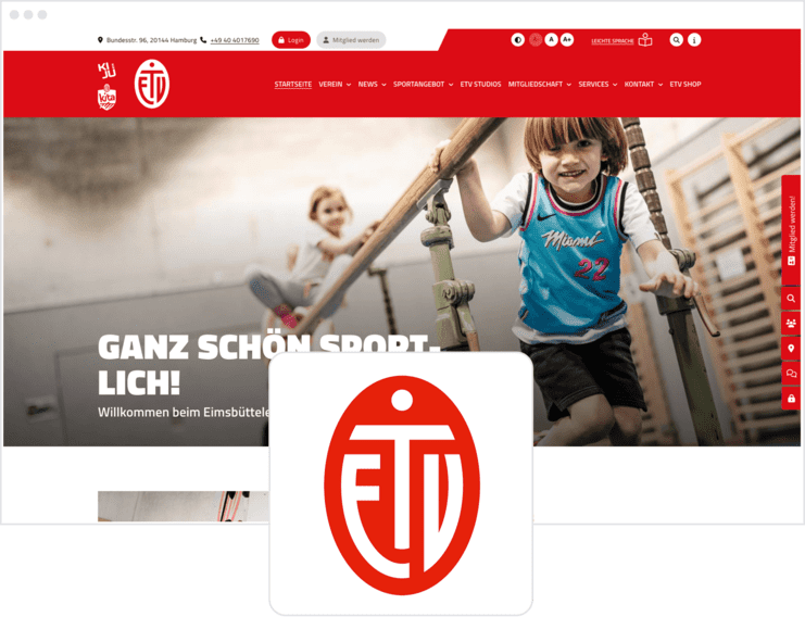Junge klettert freudig auf einem Spielgerät in einer Sporteinrichtung mit dem Logo des Eimsbütteler Turnverbands.