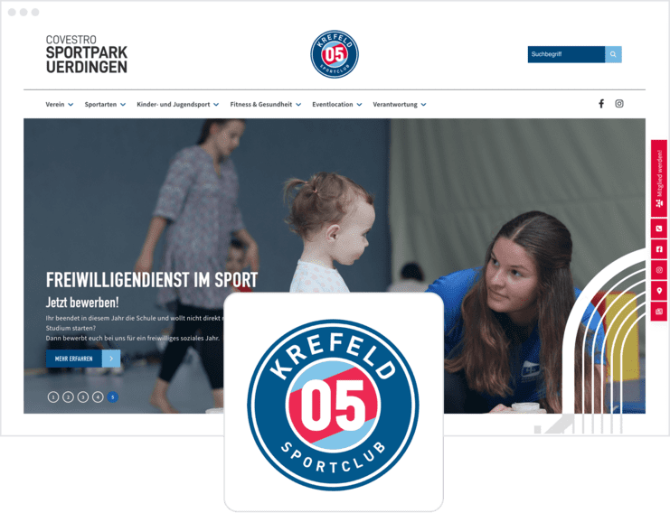 Webseite des Covestro Sportparks Uerdingen mit Informationen zum Freiwilligendienst im Sport und Krefeld 05 Logo.