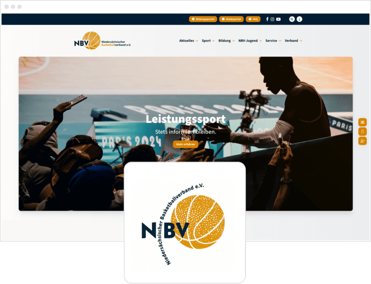 Screenshot der Website des Niedersächsischen Basketballverbands mit Logo und Spielerhand auf dem Basketballfeld.