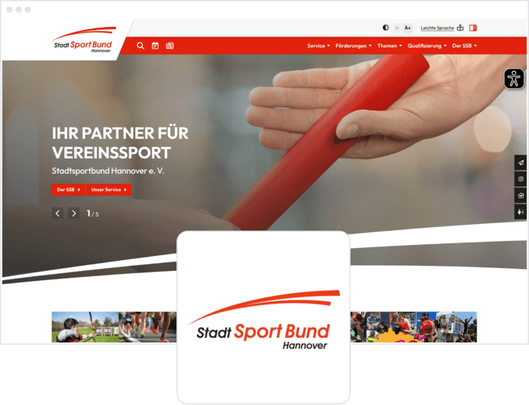 Nahaufnahme einer Hand, die einen roten Staffelstab hält, im Hintergrund verschwommene, sportliche Aktivitäten.