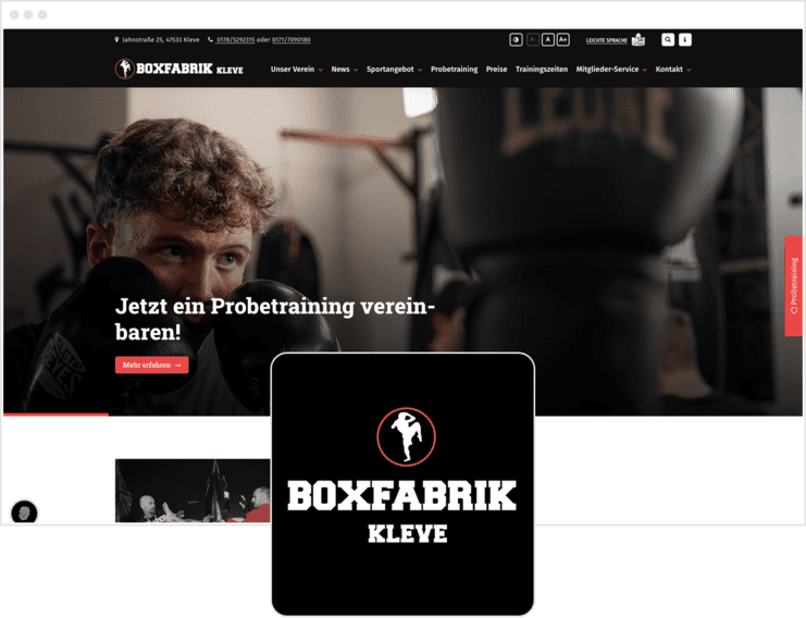 Webseite der Boxfabrik Kleve mit Informationen zu Probetrainings und Boxsport, Logo und Hintergrundbilder von Boxern.