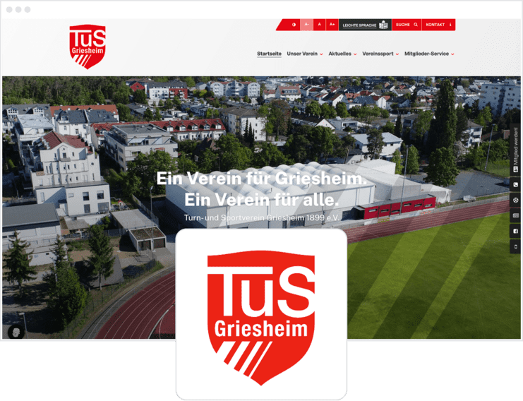 Luftaufnahme des TuS Griesheim Vereinsgeländes mit Sportplatz, Gebäuden und grünen Flächen im Hintergrund.
