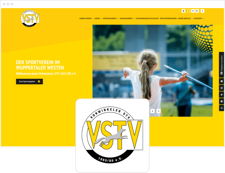 Website des Vohwinkeler STV mit gelbem Hintergrund und einem Kind, das mit einem Speer auf einem Sportplatz trainiert.
