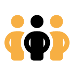 Zwei stilisierte, orangefarbene Figuren stehen sich gegenüber.